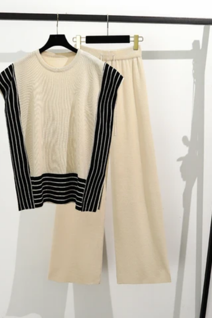 Patchwork Short Sleeve Sweater & Wide-Leg Pants Set