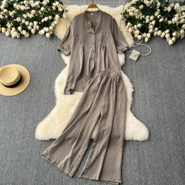 Women's Loose Short-Sleeve & Wide-Leg Pants Set