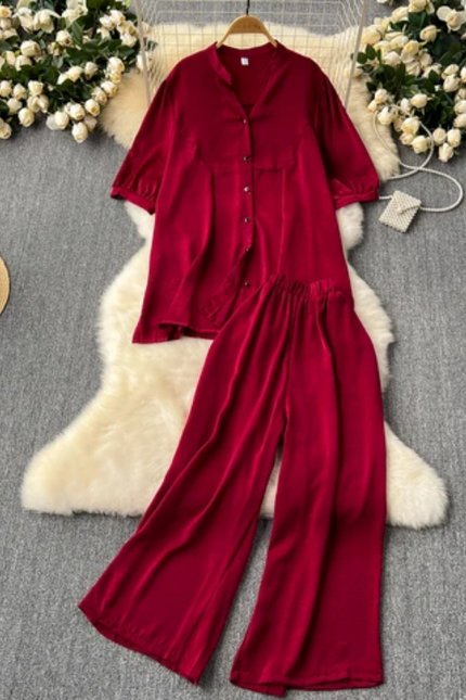 Women's Loose Short-Sleeve & Wide-Leg Pants Set