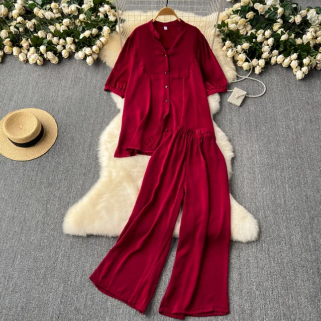 Women's Loose Short-Sleeve & Wide-Leg Pants Set