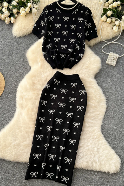 Summer Knitted Bowknot Two-Piece Skirt Set