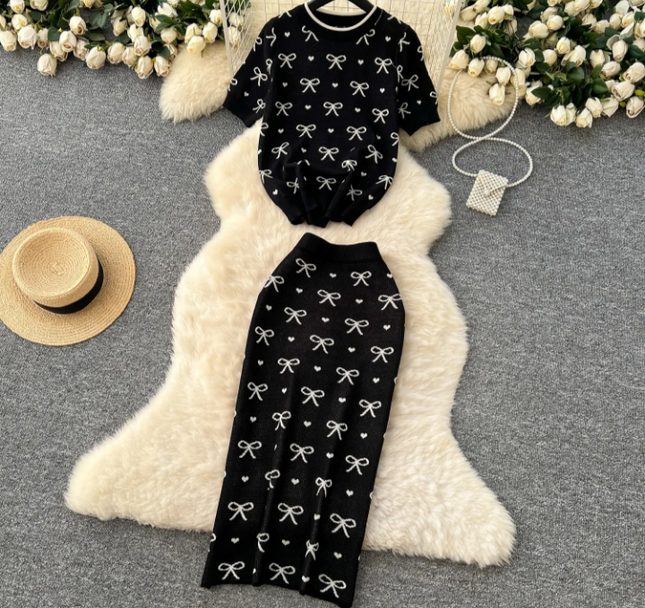 Summer Knitted Bowknot Two-Piece Skirt Set