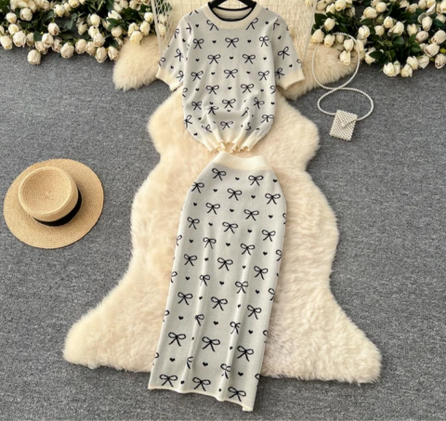 Summer Knitted Bowknot Two-Piece Skirt Set