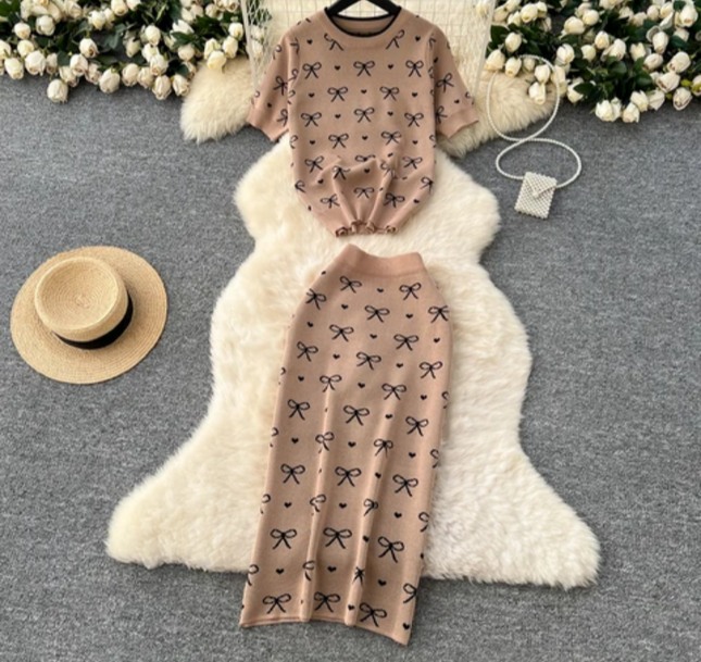 Summer Knitted Bowknot Two-Piece Skirt Set