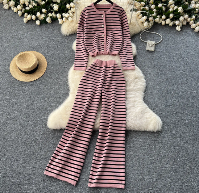 Striped Knit Cardigan & Pants Set