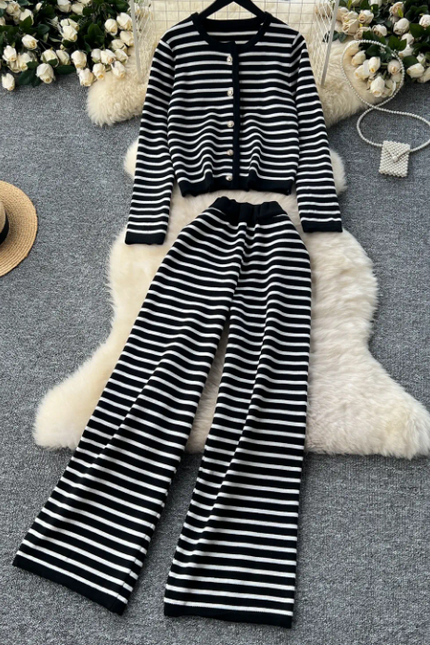 Striped Knit Cardigan & Pants Set