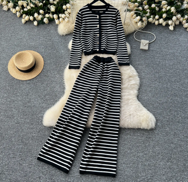 Striped Knit Cardigan & Pants Set