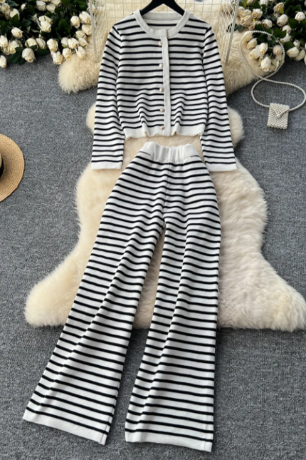 Striped Knit Cardigan & Pants Set