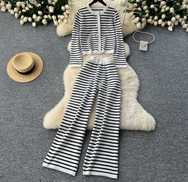 Striped Knit Cardigan & Pants Set