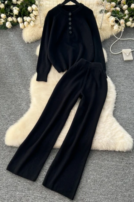 Lazy Style Autumn-Winter Retro Knit Sweater & Wide Leg Pants Set