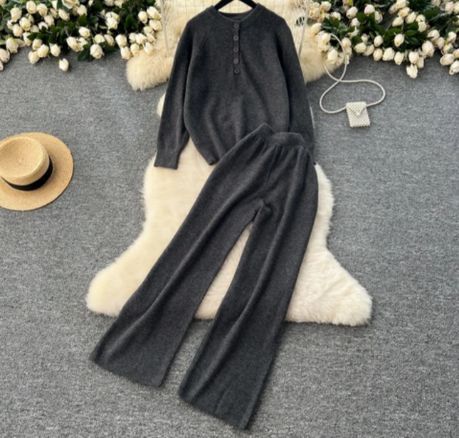 Lazy Style Autumn-Winter Retro Knit Sweater & Wide Leg Pants Set