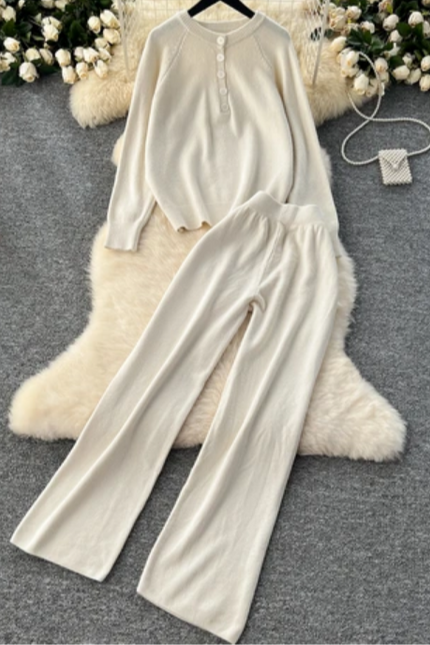 Lazy Style Autumn-Winter Retro Knit Sweater & Wide Leg Pants Set