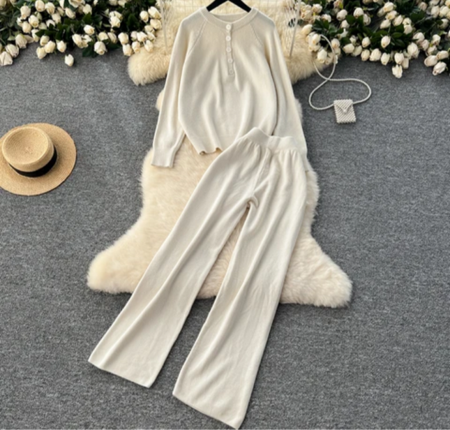 Lazy Style Autumn-Winter Retro Knit Sweater & Wide Leg Pants Set