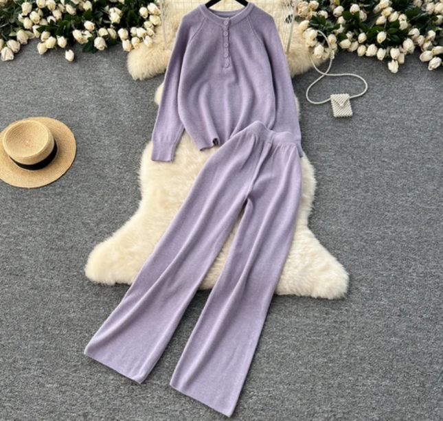 Lazy Style Autumn-Winter Retro Knit Sweater & Wide Leg Pants Set