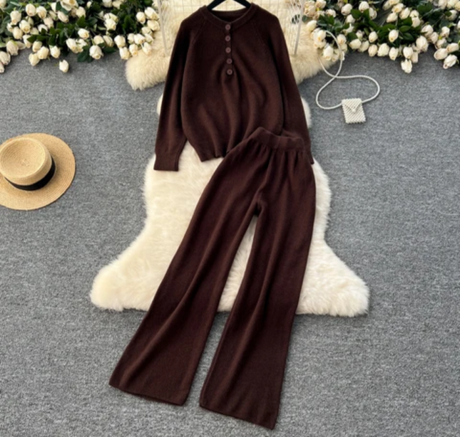 Lazy Style Autumn-Winter Retro Knit Sweater & Wide Leg Pants Set