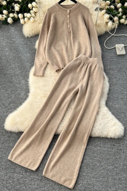 Lazy Style Autumn-Winter Retro Knit Sweater & Wide Leg Pants Set