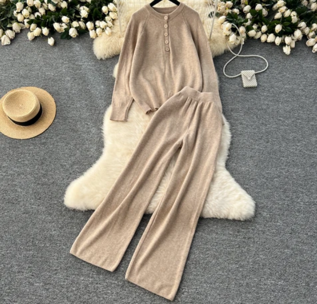Lazy Style Autumn-Winter Retro Knit Sweater & Wide Leg Pants Set