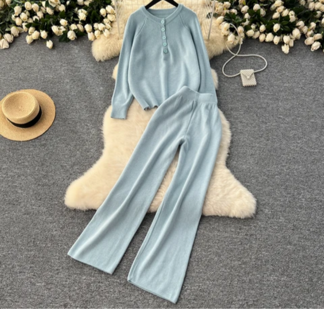 Lazy Style Autumn-Winter Retro Knit Sweater & Wide Leg Pants Set