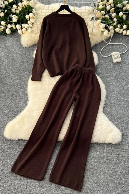 Lazy Style Autumn-Winter Retro Knit Sweater & Wide Leg Pants Set