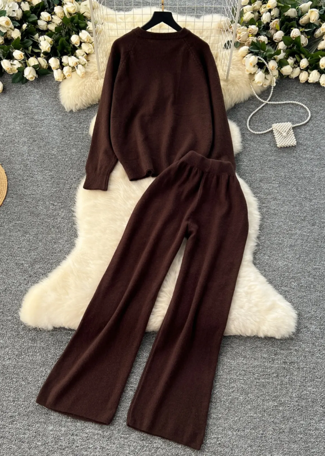 Lazy Style Autumn-Winter Retro Knit Sweater & Wide Leg Pants Set