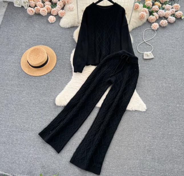 French Breeze Women's Knit Sweater & High Waist Trousers Set