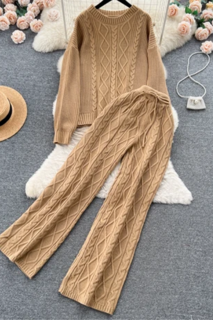 French Breeze Women's Knit Sweater & High Waist Trousers Set