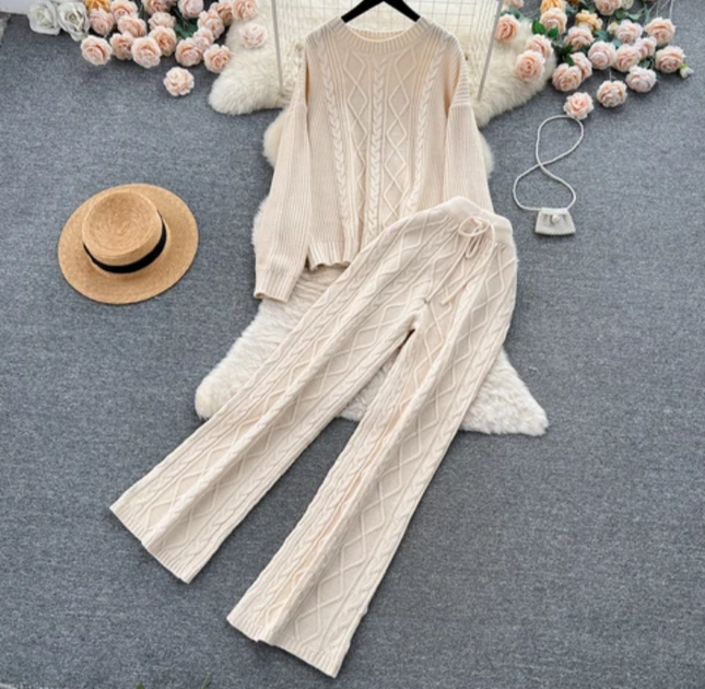 French Breeze Women's Knit Sweater & High Waist Trousers Set