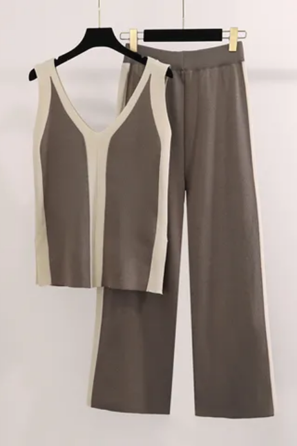 V-Neck Knitted Two-Piece with Wide-Leg Pants