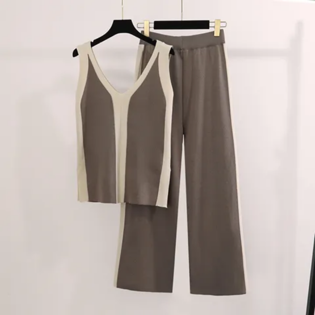 V-Neck Knitted Two-Piece with Wide-Leg Pants