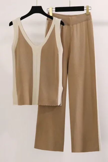 V-Neck Knitted Two-Piece with Wide-Leg Pants