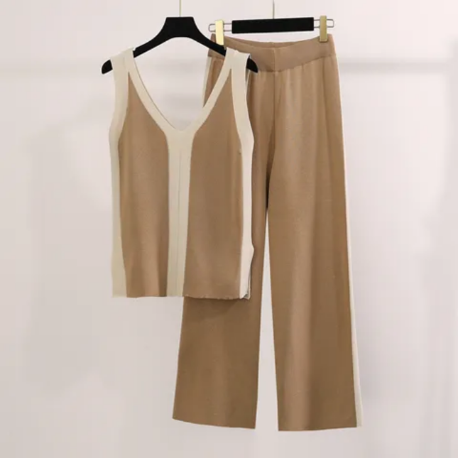 V-Neck Knitted Two-Piece with Wide-Leg Pants