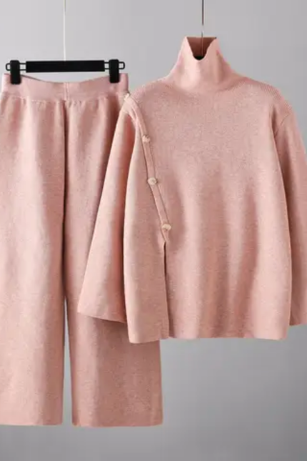 Stand Neck Knit Turtleneck & Wide Leg Pants Winter Set