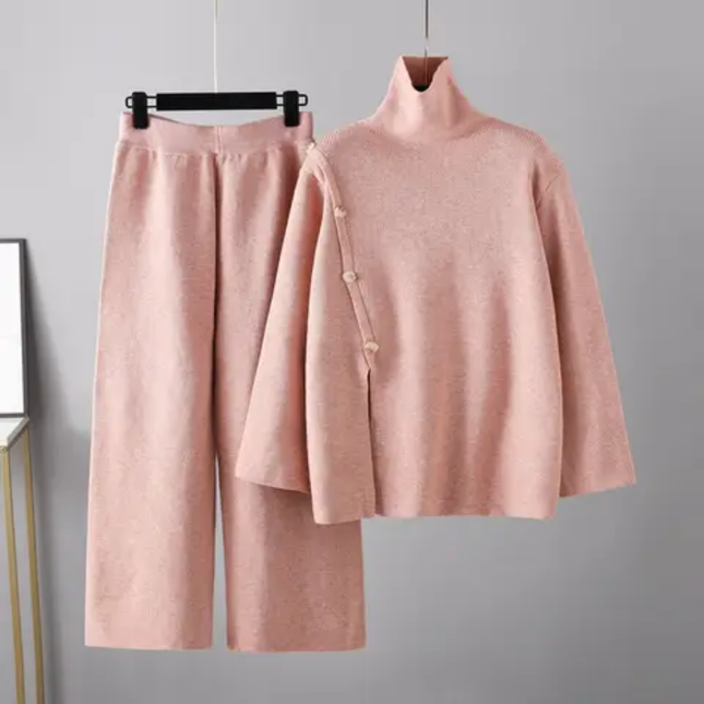 Stand Neck Knit Turtleneck & Wide Leg Pants Winter Set