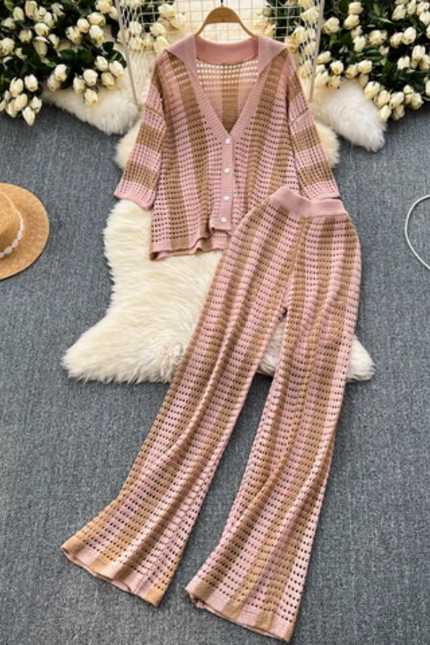 Plus Size Colorblock Knit Set – Cardigan & Wide-Leg Pants