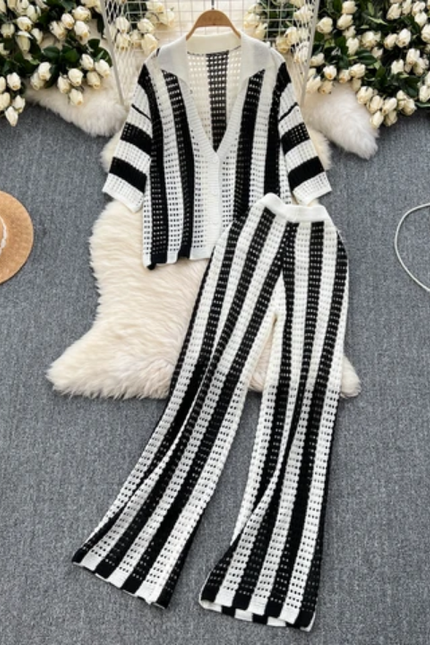 Plus Size Colorblock Knit Set – Cardigan & Wide-Leg Pants