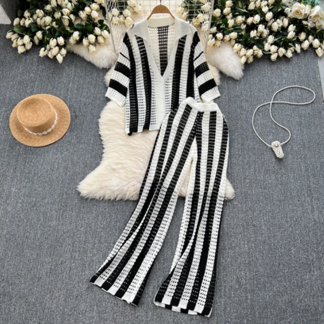 Plus Size Colorblock Knit Set – Cardigan & Wide-Leg Pants