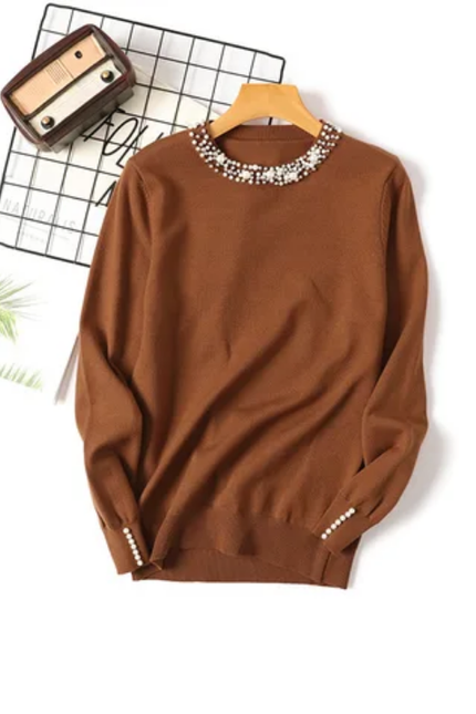 Women's Beaded Round Neck Thin Sweater