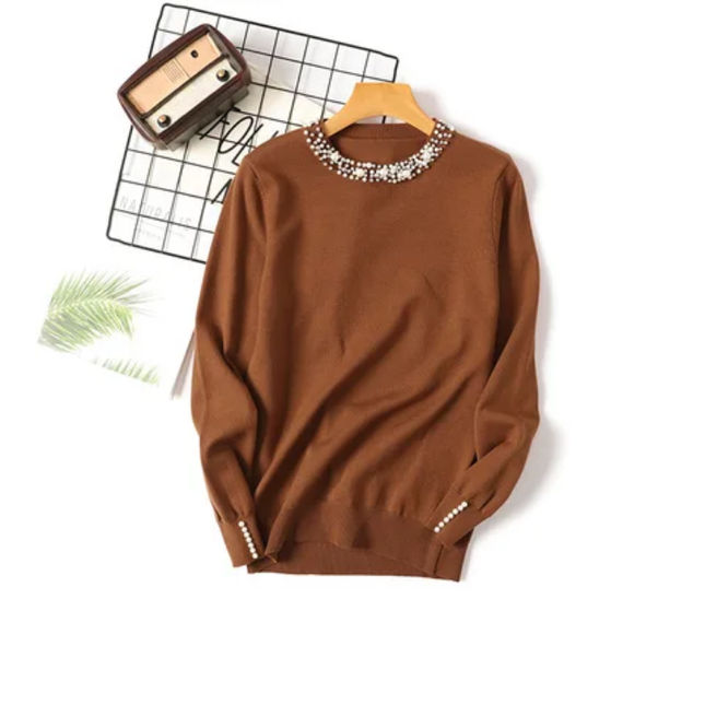 Women's Beaded Round Neck Thin Sweater