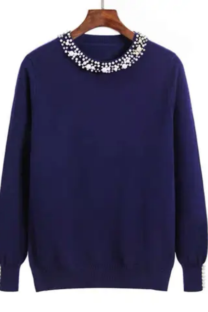 Women's Beaded Round Neck Thin Sweater