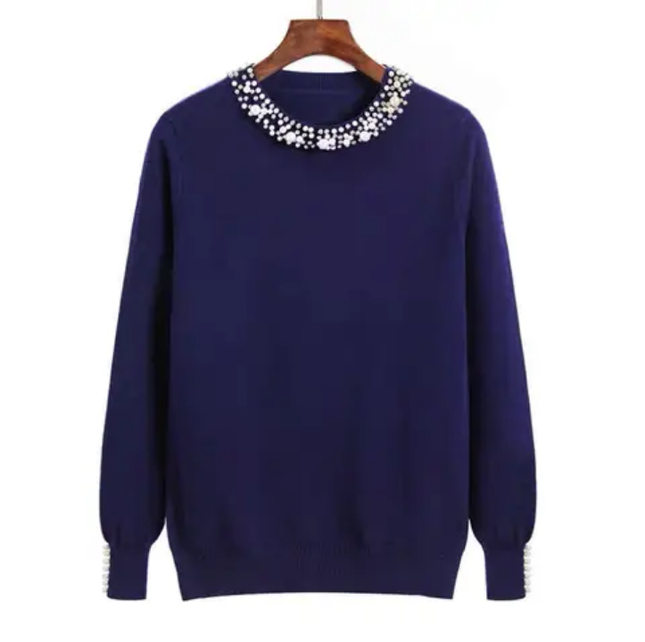 Women's Beaded Round Neck Thin Sweater