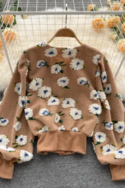 3D Floral Cardigan Coat – Single-Breasted Winter Jacket