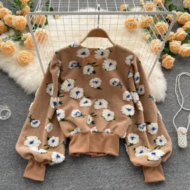 3D Floral Cardigan Coat – Single-Breasted Winter Jacket