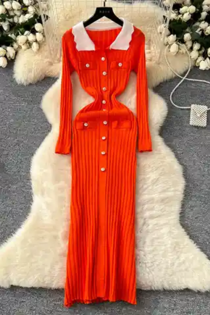 Vintage Slim Knit Dress with Lapel – Long Sleeve Style