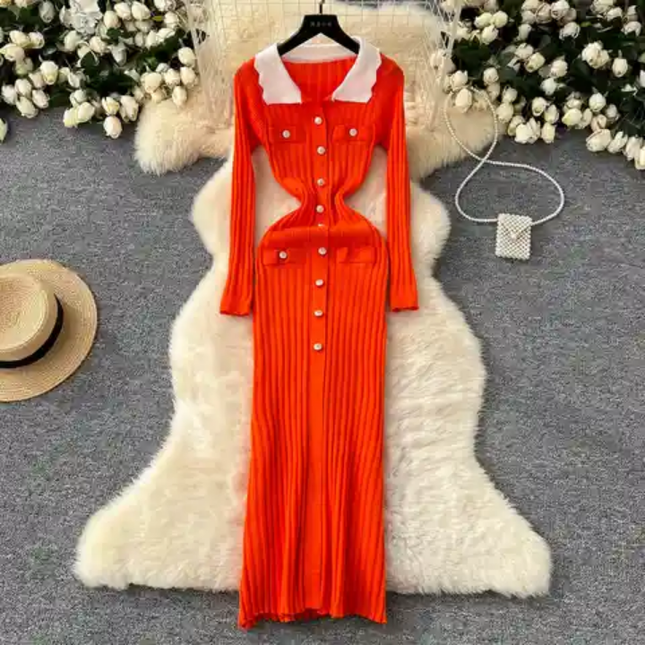 Vintage Slim Knit Dress with Lapel – Long Sleeve Style
