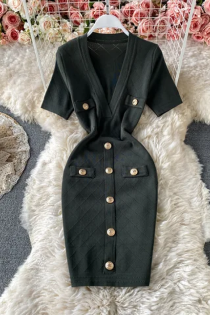 V-Neck Knit Bodycon Dress – Slim Fit Summer Casual