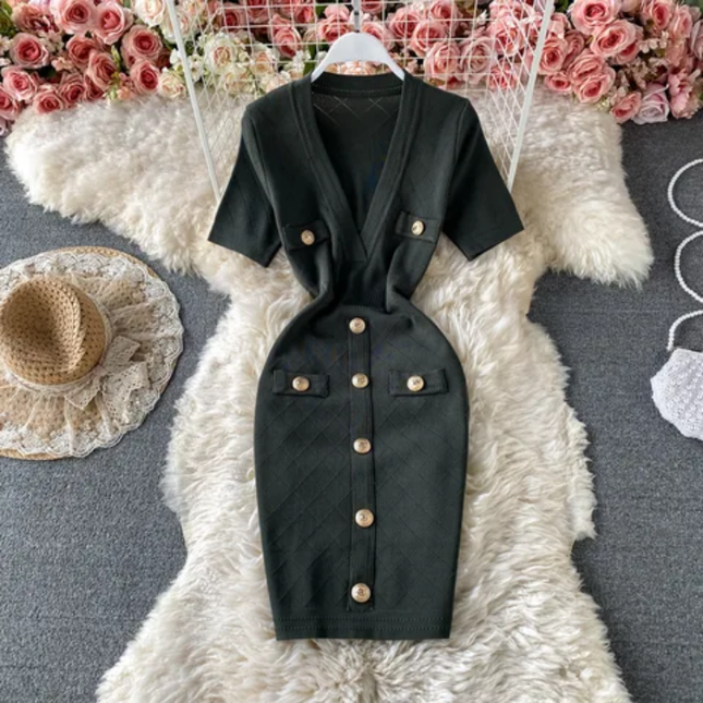 V-Neck Knit Bodycon Dress – Slim Fit Summer Casual