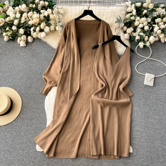 Knit V-Neck Dress & Long Sleeve Top Set