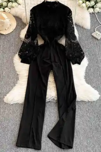 Lace Patchwork Lantern Sleeve Jumpsuit
