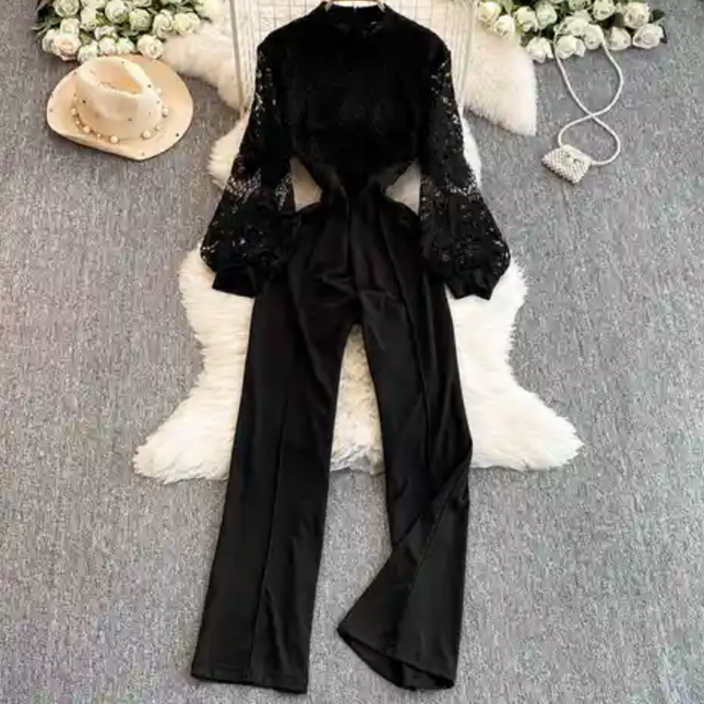 Lace Patchwork Lantern Sleeve Jumpsuit