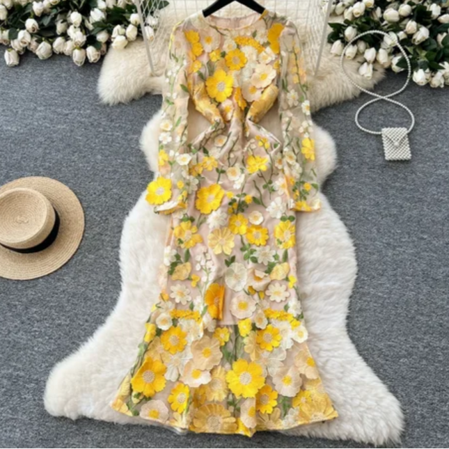 Spring Embroidered Slim-Fit Dress